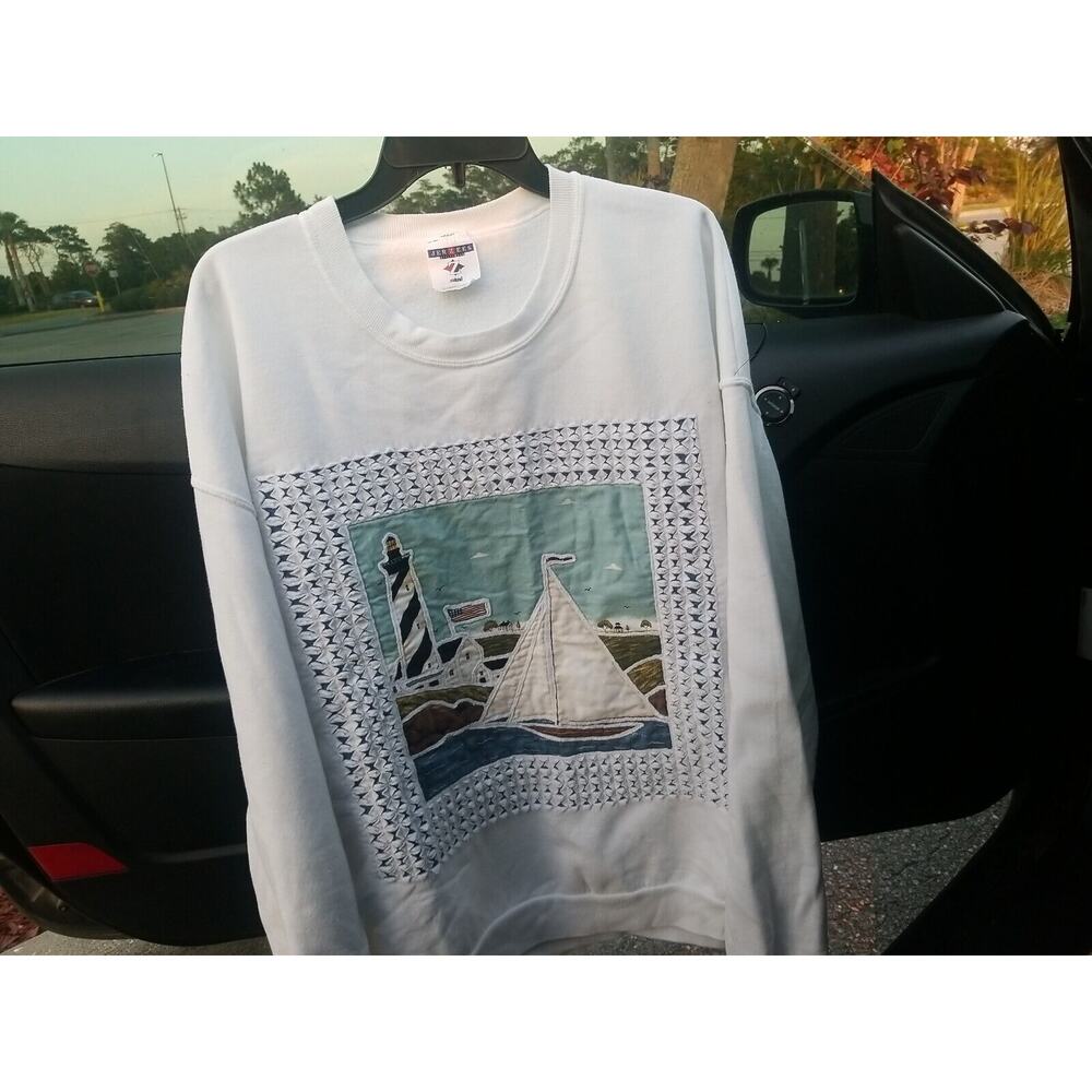 Vintage Lighthouse And Sailboat Sweatshirt Crewneck Size 2x White Sewed On Print